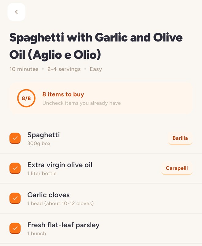 Grocery list built from a recipe reel
