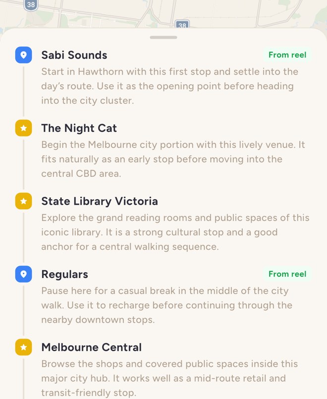 Itinerary stops built from a travel reel