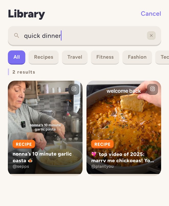 Searching 'quick dinner' finds saved recipe reels