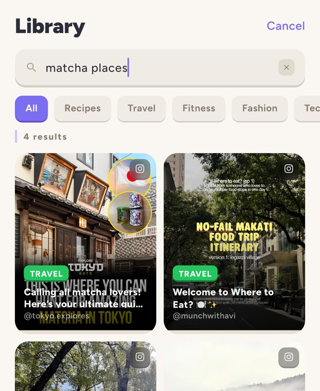 Searching 'matcha places' finds saved travel reels