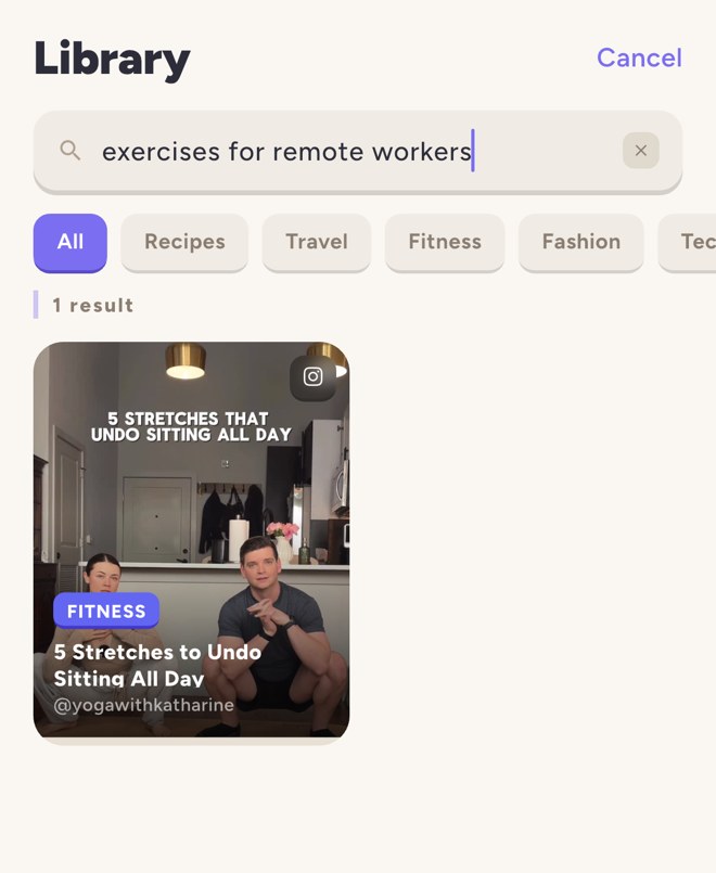 Searching 'exercises for remote workers' finds a saved stretching reel